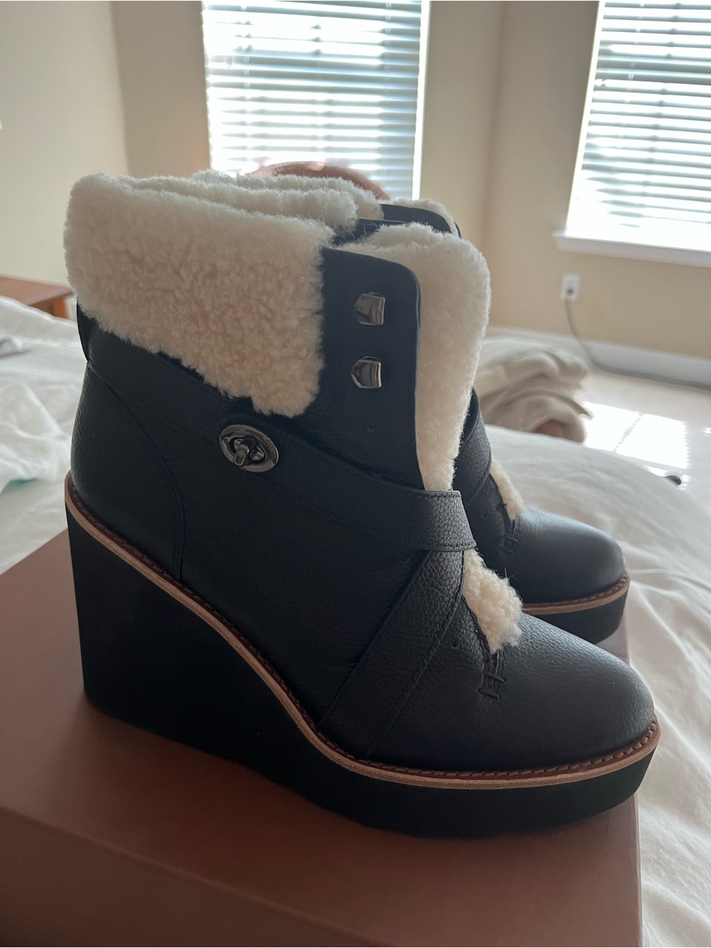 Coach Black Leather Ankle Boots with Cream Shearling - Picture 2 of 9